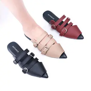 ESTUNICE Clover - Mules Flatshoes Wanita / Hak 1cm Gesper Sepatu Flat Sandals Super Empuk