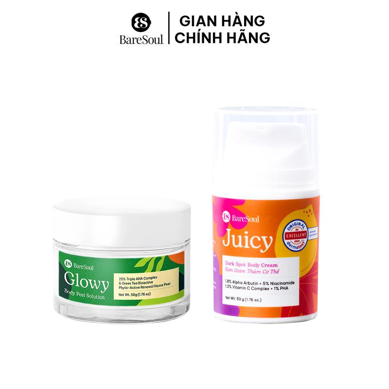 CHCD1 Combo Peel da tẩy tế bào chết AHA 25% BareSoul Glowy Body Peel 50g và kem dưỡng Juicy 50g với Alpha Aburtin Niacinamide giúp làm sáng giảm thâm mông nách bẹn đầu gối khuỷu tay