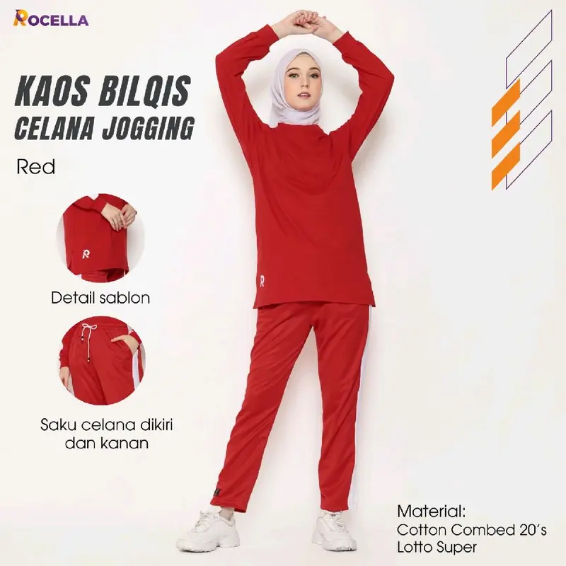 Pakaian Baju Setelan Seragam Kaos Celana Olahraga jogging running trening jumbo wanita perempuan cewe cewek muslim muslimah syar'i sportwear lengan panjang atas bawah bilqis rocella sporty combed 20s murah adem warna hitam abu ijo sage green merah maroon 6
