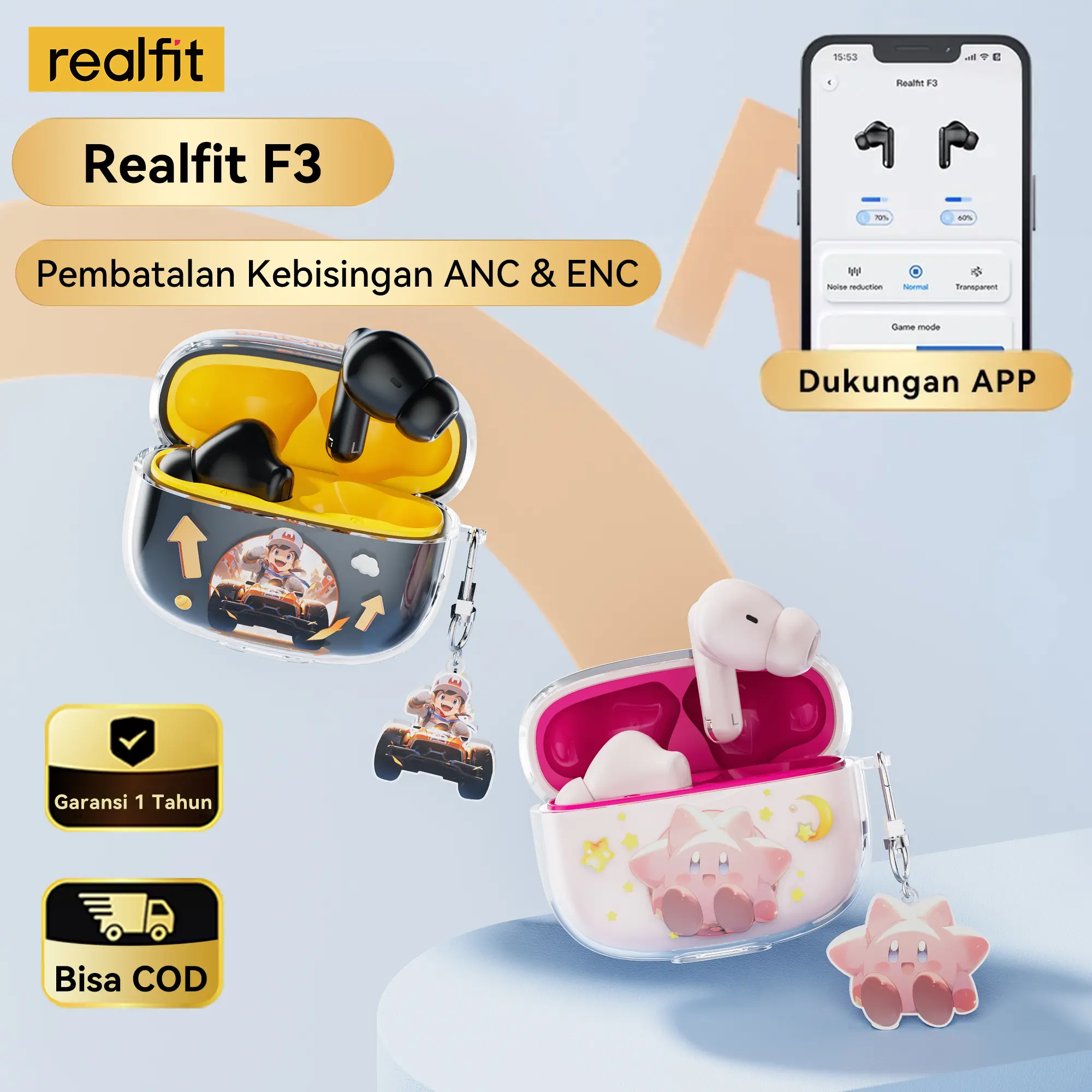 【ANC & APP 】 Realfit F3 TWS Bluetooth 5.4 TWS Wireless Headset ANC -38dB Suara Audio Berkualitas Tinggi Super bass