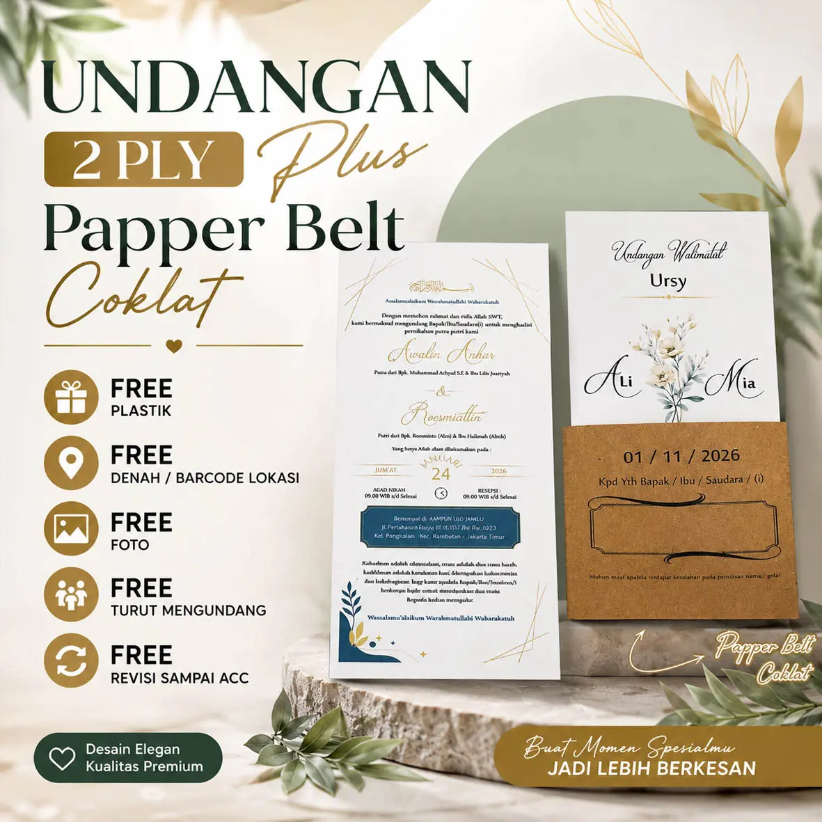 Undangan Pernikahan ( ISI 50 PCS ) 2 Ply Plus Paper Belt Coklat Disain 001 Elegan Premium Pengasinan - Bekasi || Undangan Nikah - Undangan Pernikahan - Undangan Syukuran / Walimah - Undangan Tasyakuran