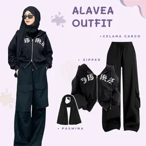 Lavea OOTD Wanita kekinian Skena 3in1 (Zipper + Celana Cargo + Pasmina) Setelan Outfit Black AMO22
