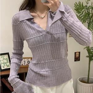 Polo Neck Long Sleeve Knit Sweater for Women, Inner Layer Early Autumn Chic Casual Top, Youthful Style 8598# Purple Minimalist Basic Knitwear Womenswear
