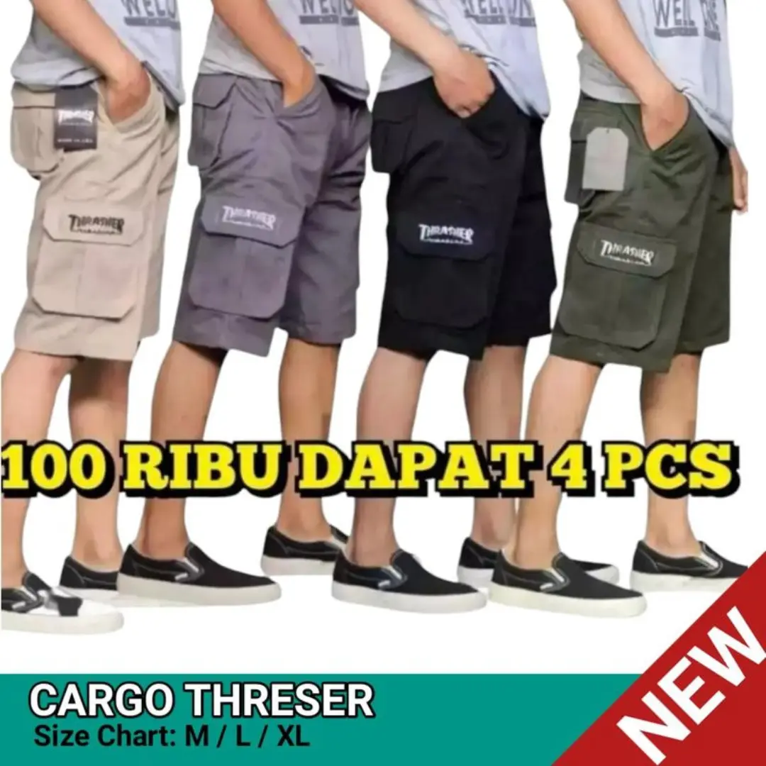 COD 100 RIBU DAPAT 4 PCS Celana Cargo Pendek Pria Thrasher Pendek Gaya Outdoor Pria dengan Kenyamanan Kain Drill  Katun Denim Casual Panjang Santai Shorts