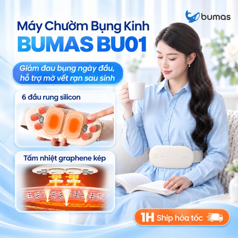 Đai Chườm Nóng Giảm Đau Bụng Kinh BUMAS BU01 - Massage Rung - Quà tặng bạn gái