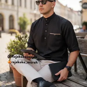 Rajakoko Koko Kurta Kancing Lengan 3/4 Toyobo Koko Polos Premium untuk Pria Gaya Modern
