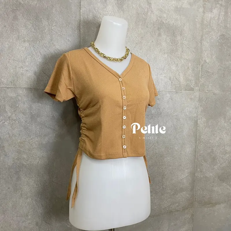 Petitechoice | HANI Top — Atasan wanita knit stretch serut casual slim fitting kancing mati tali crop korean Knitwear  Nyaman Cantik Vneck 3