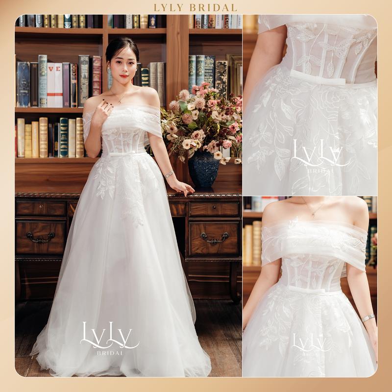 VÁY ĐI BÀN TRỄ VAI,VÁY CƯỚI HOA VI TÍNH .TẶNG KÈM VOAN CÀI ĐẦU vaydi  ban