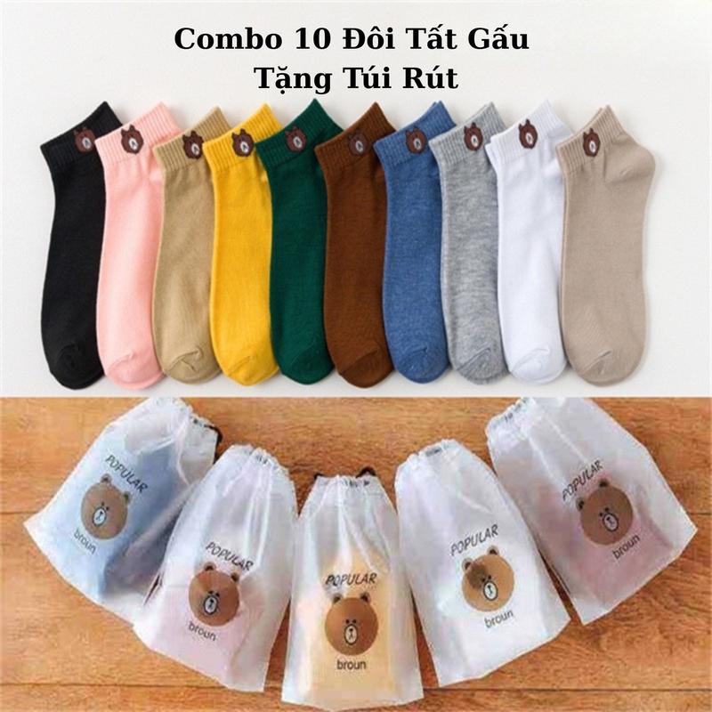 Set 10 Đôi Tất Nữ Cổ Ngắn Hình Gấu Kute Tặng Kèm Túi Rút Chất Mềm Không Quá Dày Thoải Mái Khi Mang Phong Cách Hàn Quốc