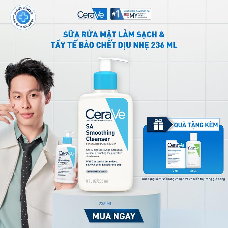 [DEAL HOT] Sữa rửa mặt làm sạch & tẩy tế bào chết dịu nhẹ CeraVe SA Smoothing Cleanser 236ml; chứa Salicylic Acid (BHA) nhẹ nhàng làm sạch, tẩy tế bào chết cho da, giảm mụn ẩn, mụn đầu đen, bã nhờn. Chăm sóc da_Skincare cho Nam và Nữ_Cleansing