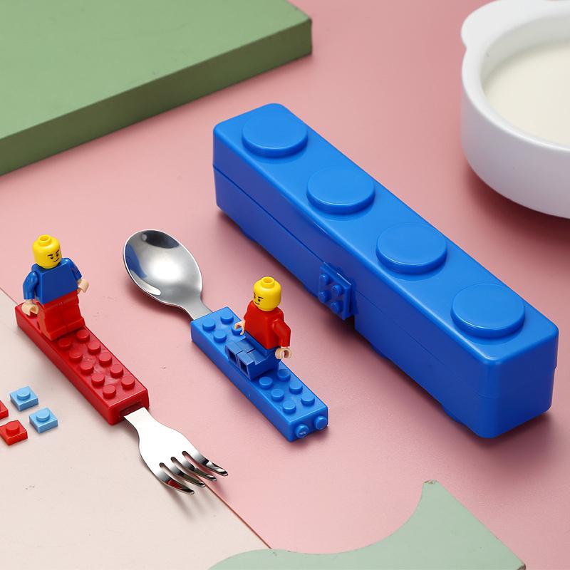 Cartoon Creative Portable Tableware Baby Stainless Steel Tableware Fun Children Assembled Building Blocks Fork Spoon Set Portable Tableware 0