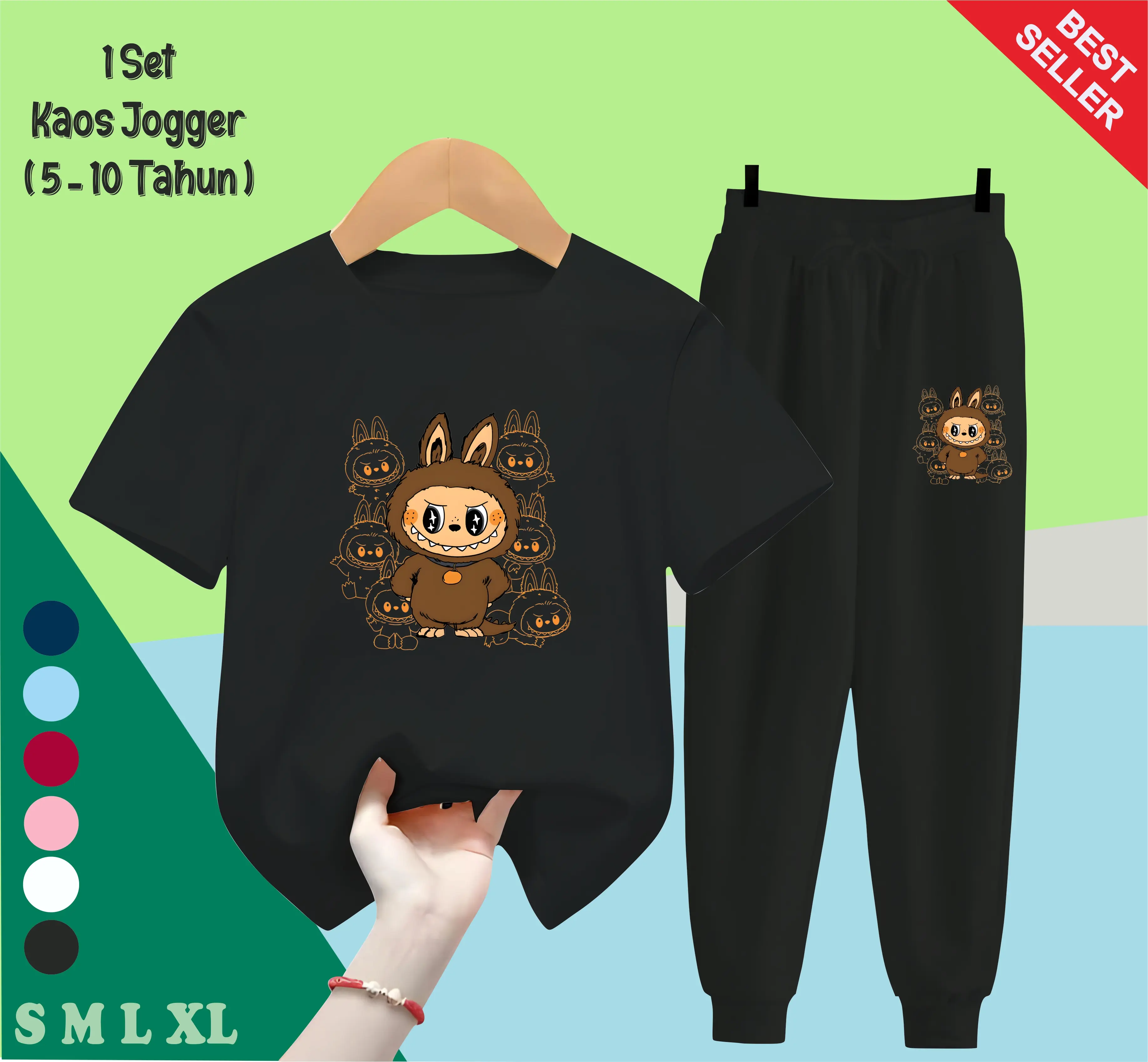 Setelan Kaos Celana Panjang Anak Laki Laki Stelan Set Baju Fashion Anak Perempuan Labubu Brown Usia 5 -15 Tahun