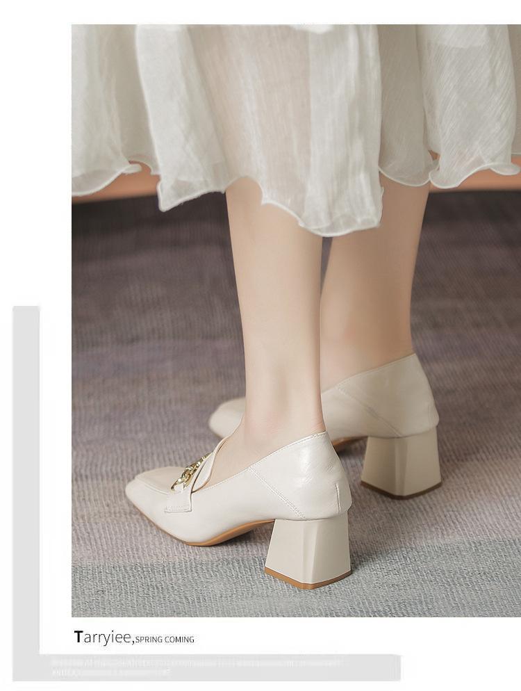 Product Introduction of Lefu shoes, white leather shoes, fashionable design, new high heels, square toe, thick heel shoes 14