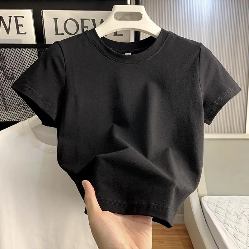 T-shirt stretch lengan crop kerah V berwarna merah muda 4