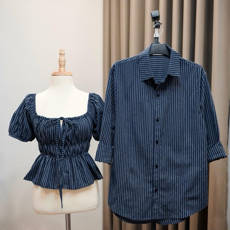 ( S - 36 ) Set đồ đôi nam nữ couple áo nữ babydoll cổ vuông chiết eo tay bồng và áo sơmi nam tay dài, đồ đôi mặc cùng người yêu