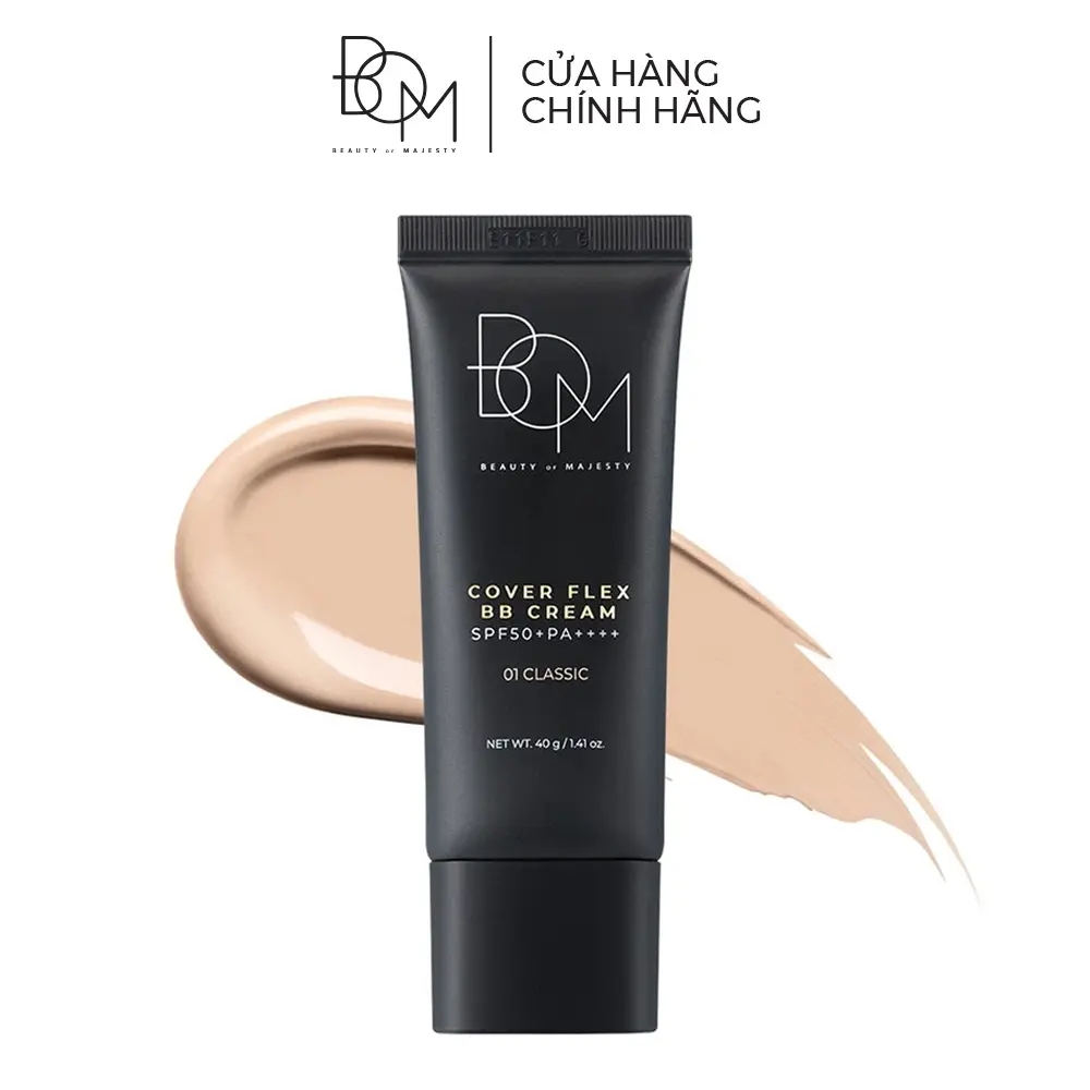B.O.M Kem nền Cover Flex BB Cream SPF50+PA++++ 40G - Chất kem mỏng nhẹ, độ che phủ cao, làm đều màu da, chống nắng hiệu quả, phù hợp mọi loại da, màu sắc đa dạng #01 CLASSIC, #02 IVORY, #03 BEIGE