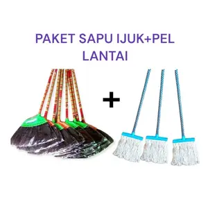 Paket Hemat Sapu Ijuk dan Pel Sumbu Gagang Kayu - Solusi Praktis untuk Kebersihan Rumah Anda - Plastik