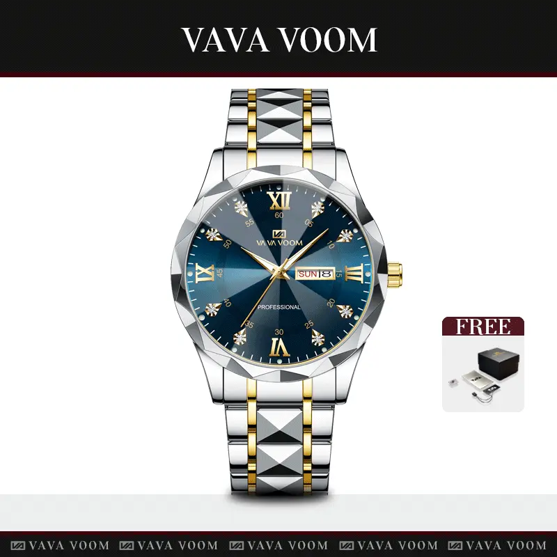 VAVAVOOM 2733 Jam Tangan Pria Original Luxury Rantai Tahan Air Stainless Steel Analog Quartz Watch + Kotak Gratis Kaca