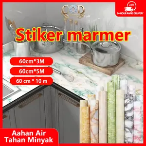 Stiker dinding 60cm x 10m, tahan minyak dan panas, stiker dinding motif marmer tahan air, tahan minyak, wallpaper perekat, cocok untuk lemari, meja, dan dapur, halus dan mengkilap.