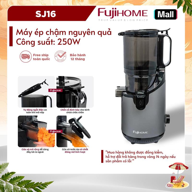 Máy ép chậm nguyên quả Fujihome SJ16 công suất 250w động cơ DC, Phụ kiện Cốc đựng nước ép: 1000ml, Cốc đựng bã: 900ml, Chổi vệ sinh