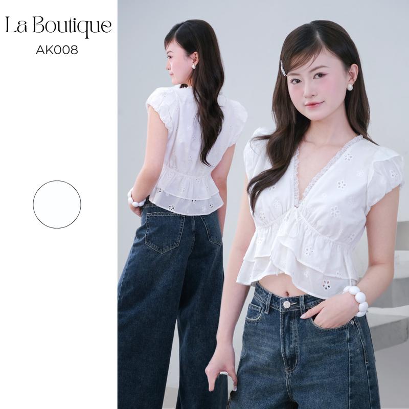 LA BOUTIQUE - Áo Kiểu Cổ V Rút Dây Tay Bí Chất Xô Thêu Hoa -  AK008-2508LAT