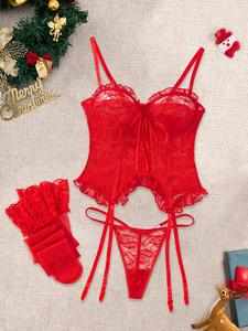 Conjunto de lencería y ropa interior para mujer con tirantes ajustables, top tipo camisola con frente con lazo, tanga transparente y conjunto de calcetas con volantes, lencería y ropa interior para mujer para el verano