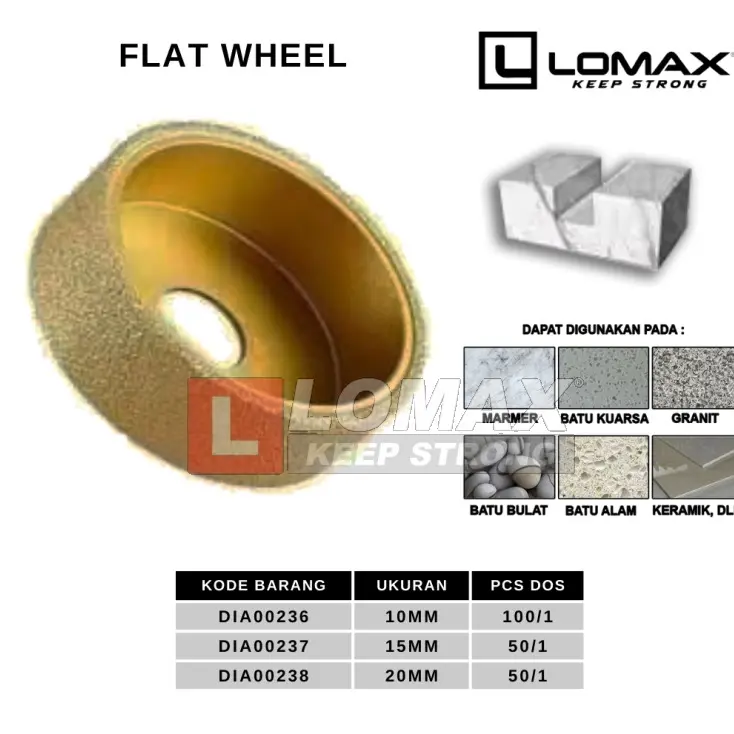 LOMAX DIAMOND FLAT WHEEL GRINDER Gerinda Roda Rata Berdiamant 3 ukuran Dengan Kode Produk DIA00236 DIA00237 DIA00238 untuk Marmer Batu Kuarsa Granit