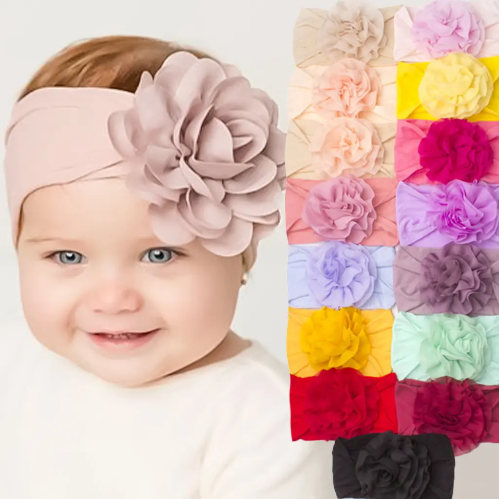 <3 pce set> Nylon Chiffon Soft Elastic Flower Cute Hair Headband For Baby Girl Band Accessories