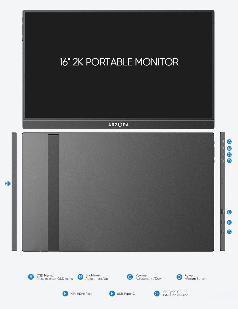 Product Introduction of ARZOPA Z1RC จอภาพแบบพกพา, 16.0", 2560x1600 QHD, จอแสดงผล IPS, 123% sRGB, ขาตั้งในตัว, USB-C, HDMI, การดูแลดวงตา, หน้าจอที่สองภายนอก, เข้ากันได้กับ Mac, แล็ปท็อป, โทรศัพท์, PS4/5, Xbox, สวิตช์ 4