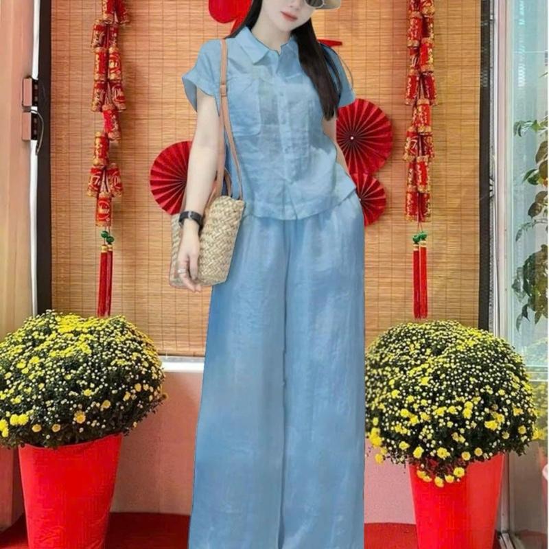 sét đồ nữ sơ mi 7 màu - tay ngắn , quần ống suông , lưng thun phía sau , chất liệu Đũi tơ xước đã qua xử lý , không co rút