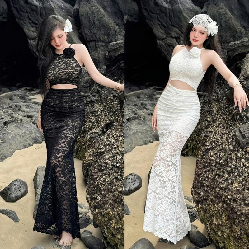 Đầm váy nữ đi biển chất ren 2 lớp khoét eo cổ yếm đính bông dáng dài sang chảnh dành co các nàng diện đi chơi, đi tiệc