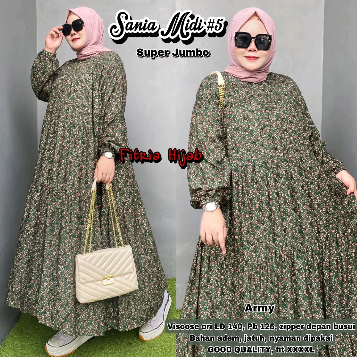 midi dress super jumbo ld 140cm bahan viscose Zipper Dewasa Ibu Panjang Lembut Nyaman Muslim Remaja Gamis Rayon