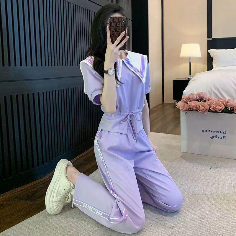 Bộ Đồ Thể Thao, Phong Cách Cổ Điển, Dành Cho Nữ, Bộ Đồ Hai Mảnh, Thời Trang Dáng Rộng Vừa Vặn, ngắn Tay Áo, Quần Ống Rộng, Thích Hợp Cho Mùa Hè 2023, Phong Cách Phương Tây, Trẻ Trung 4