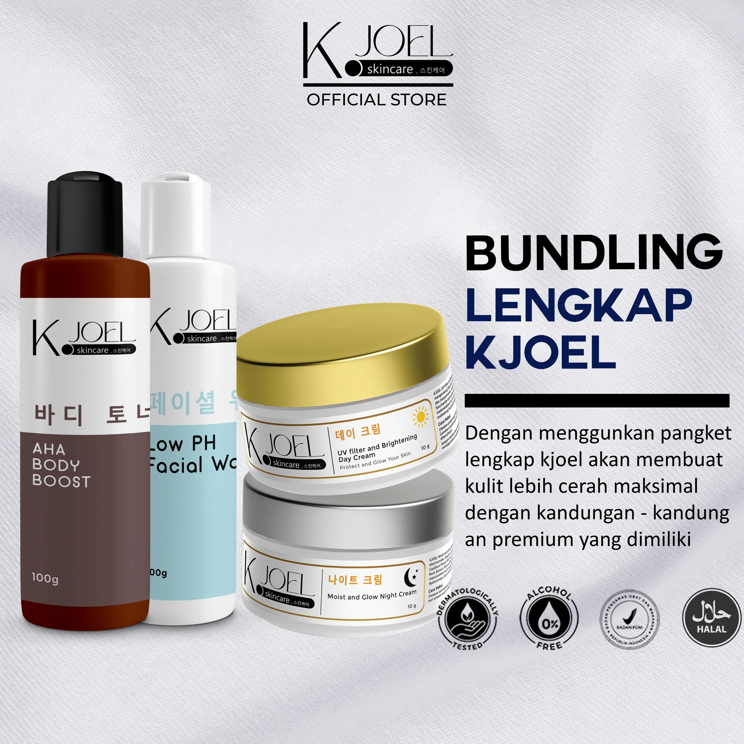 G. KJOEL - Paket Bundling Lengkap Kjoel UV Filter & Brigtening Day cream + Moist & Glow Night Cream + Facial Wash LowpH +AHA Body Boost