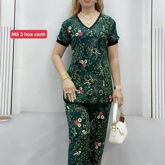  Mã 3 Đồ bộ trung niên cổ tim tay ngắn vải thun Hàn Quốc co giãn 4 chiều không nhăn không nhàu kích cỡ 45kg-100kg cho nữ Women 