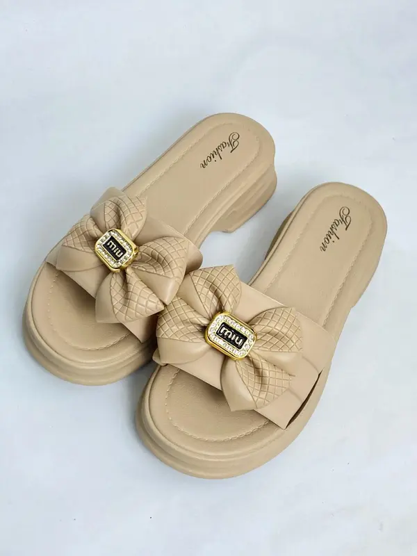 ACCBAYI SF55 Sandal Slide Slip On Wedges Wanita Tebal Elegan motif pita cantik 2