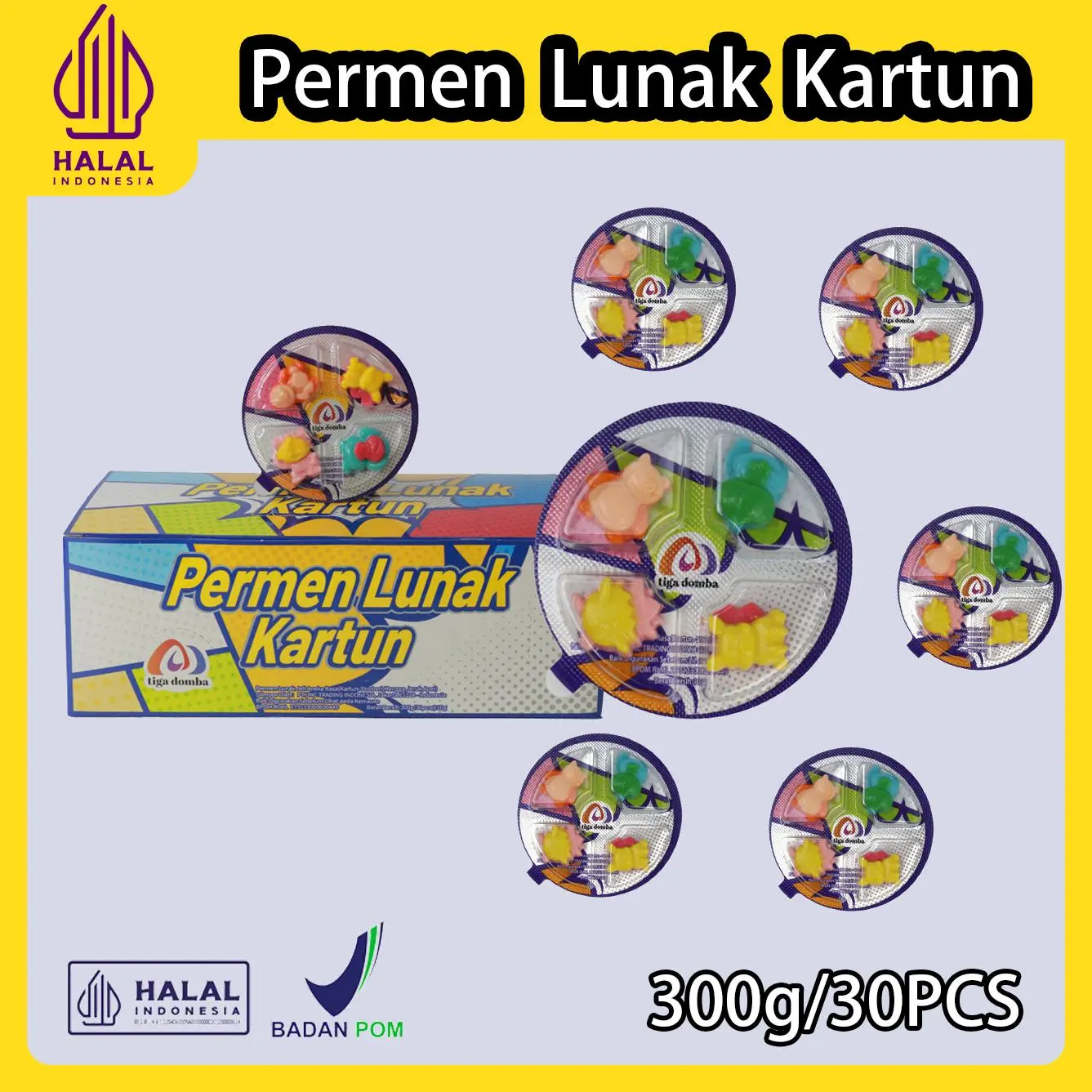 【Halal】 1 box @ 30 Pcs Permen karet kartun Lunak , Rasa :Stroberi,Mangga,Jeruk,Apel Multiple Flavors Permen Lunak Healthy Snacks Camilan Halal yang Cocok untuk anak-anak dewasa Relaksasi dan Acara Kumpul-Kumpul! Makanan