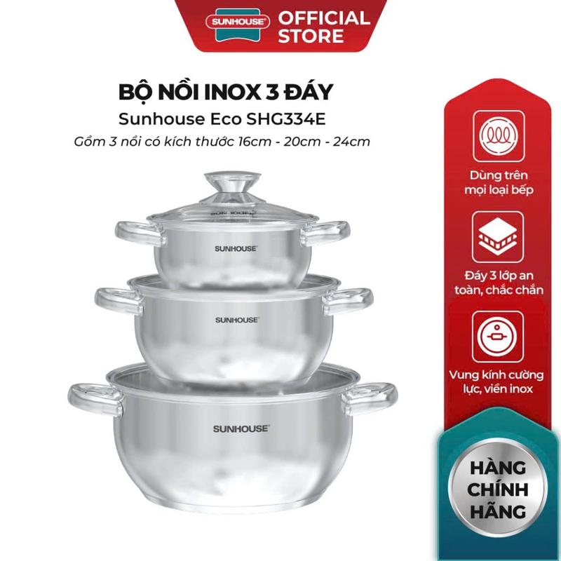 Phiên Bản Cải Tiến Bộ nồi inox 3 đáy Sunhouse Eco SHG334E - 3 nồi 16-20-24cm - Inox an toàn chất lượng - Dùng cho mọi loại bếp