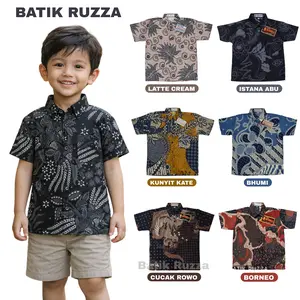 RUZZA Batik Kemeja Anak Laki Warna Coklat Latte Biru Denim Hitam Navy