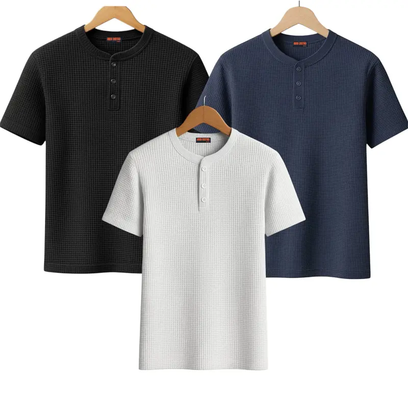 Paket 3 Pcs Kaos Pria Polos Waffle Kancing Shanghai Santai Crew Neck - Baju, Pendek 8