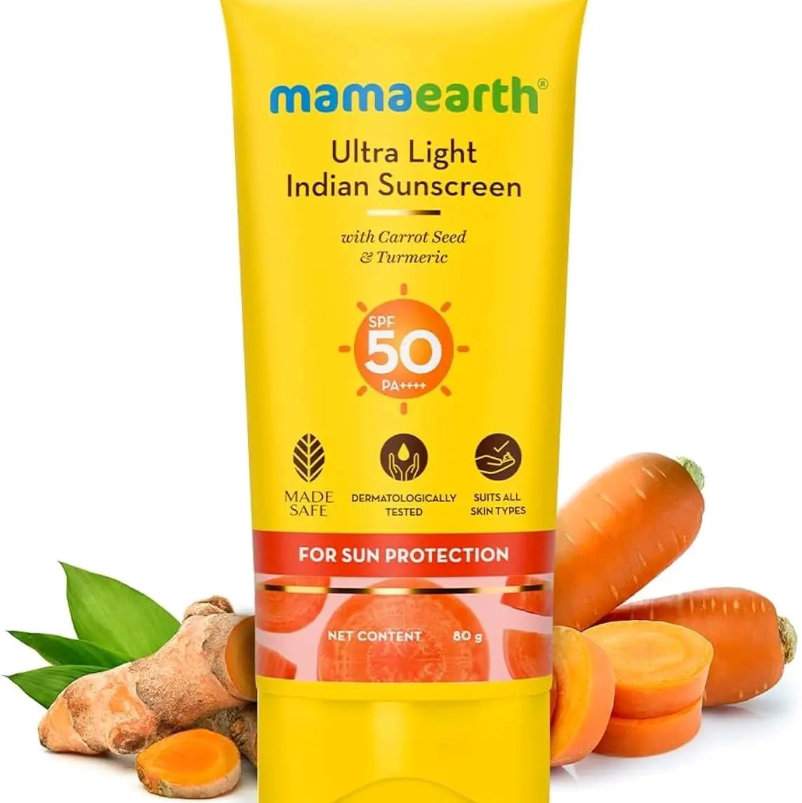 Mamaearth Ultra Light Natural Sunscreen Lotion SPF 50 PA+++ For Indian Skin, With Turmeric & Carrot Seed, 80ml