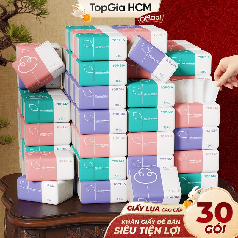 [GIẤY LỤA] Thùng 30 Gói - Khăn Giấy Top Gia 3 Màu Giấy Rút Để Bàn 300 Tờ 4 Lớp Dày Dai Mềm Mịn