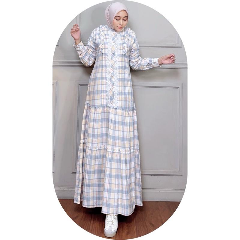 MOZHASHAFURA. Cloth - KIARA DRESS Bahan Katun Kotak Triset Doby Halus Lembut Gamis Muslim Basic Casual Kancing Busui Wudhu Friendly Variasi Renda Bordir Mewah 3
