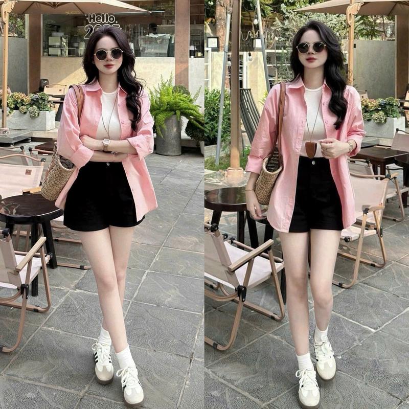 Sét bộ đồ nữ 4 món áo ba lỗ phối áo khoac sơ mi bên ngoài xinh xắn mix quần ngắn kaki kèm nịt  trẻ trung cho nàng diện đi chơi