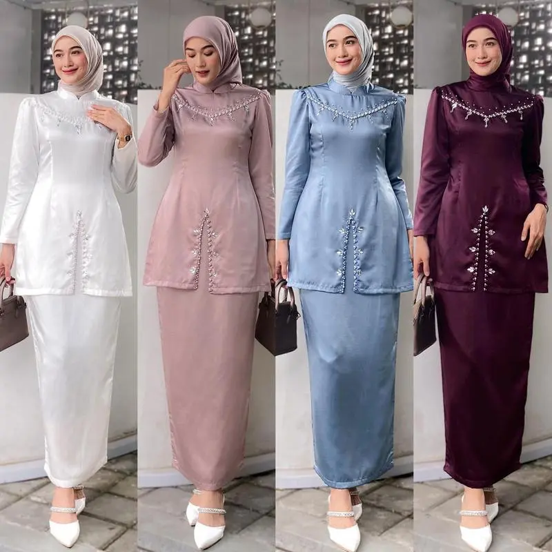 FAYRA One Set Baju Kurung Melayu Dress Pesta Payet Swarosky Mewah Burgundy Gamis Lebaran 2025 Idul Fitri Gaun Karet Muslim Kondangan Wanita malay Satin Silk Panjang Remaja Rempel Dewasa Setelan elegan Span 0