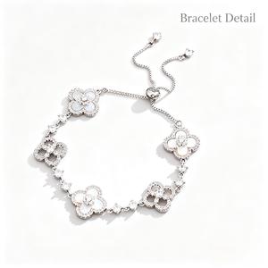 Vòng tay cỏ bốn lá may mắn nữ 2026 mới đính đá zircon giả ngọc trai hồng phong cách sang trọng cao cấp, vòng tay kéo điều chỉnh dễ đeo, trang sức nữ tinh tế thanh lịch, phụ kiện thời trang hằng ngày, quà tặng bạn gái sinh nhật lễ tình nhân tròn kiềng