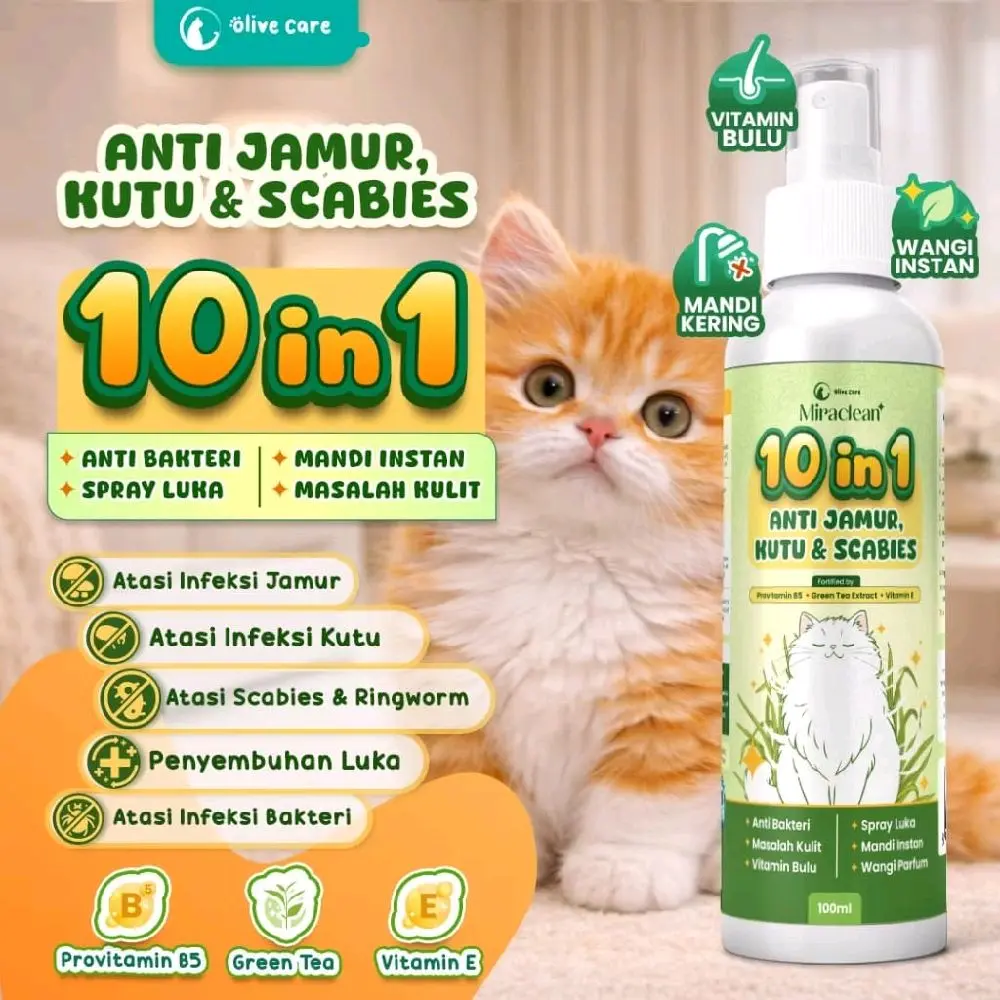 Olive Care Miraclean 10in1 100ml Anti Jamur Kutu & Scabies Spray dengan Vitamin B5 E & Green Tea untuk Kesehatan Kulit Kucing, Anabul