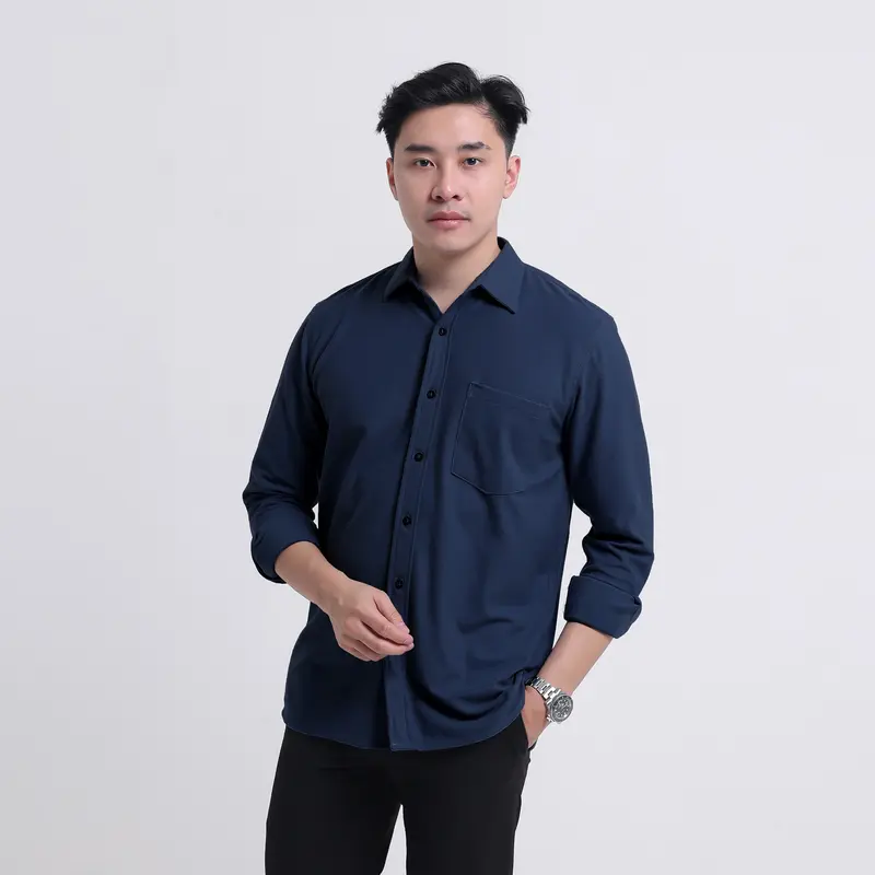 Kemeja Katun Polos Pria DYD Pique Navy Biru Dongker Reguler Fit Casual Kerja Kantor Formal 2
