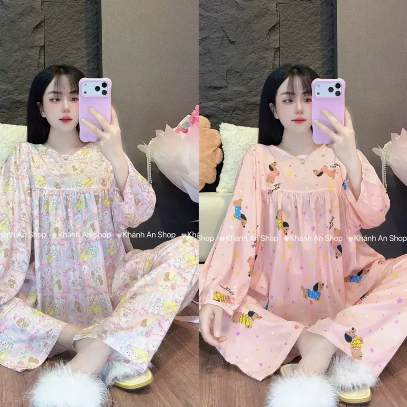 SA.LE HÀNG CHUẨN Khánh An Shop Babydoll KA123 - Đồ Bộ Tole Lanh Nữ Mặc Nhà Áo Cổ Tròn Tay Dài Quần Dài Size M/L/XL Chất Liệu Mềm Mịn Mát Hoạ Tiết Đa Dạng