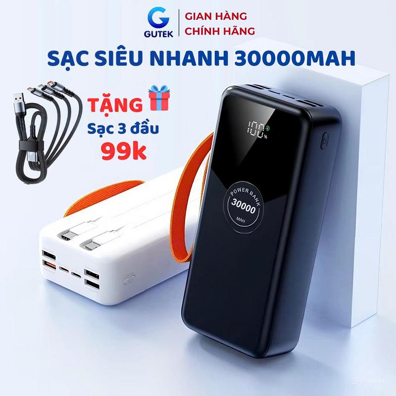 [Tặng sạc 3 đầu] Sạc dự phòng 30000mAh Sạc nhanh PD20W Pin dung lượng lớn có sẵn dây sạc - Gutek GT230